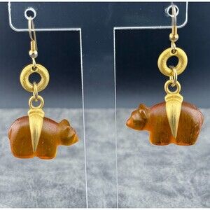 Vintage Bear Gold Tone Dangle Pierced Ear Earrings Pressed Molded Amber (?)